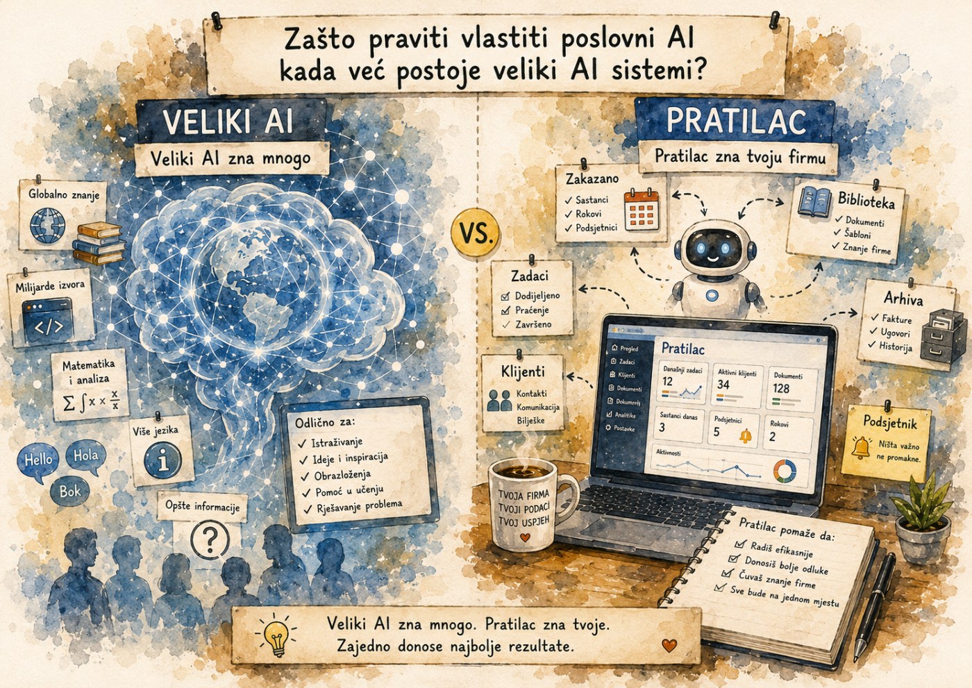 Poređenje velikog univerzalnog AI modela i vlastitog poslovnog AI sistema napravljenog za jednu firmu.